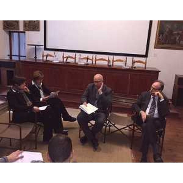 Raffaella Sgubin (Sovrintendente Musei Provinciali Gorizia), Alessandra Martina (Conservatrice Museo Grande Guerra Gorizia), Federico Portelli (Assessore Cultura Provincia Gorizia) e Gianni Torrenti (Assessore regionale Cultura) alla conferenza stampa di presentazione dell'Accordo di collaborazione tra Regione FVG e Provincia di Gorizia per il riallestimento del Museo della Grande Guerra, nella sede dei Musei Provinciali di Borgo Castello - Gorizia 10/02/2015