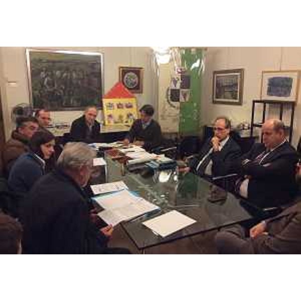 Gianni Torrenti (Assessore regionale Cultura) e Vittorino Boem (Presidente IV Commissione consiliare) con i rappresentanti del Progetto Integrato Cultura (PIC) del Medio Friuli, in Municipio - Bertiolo (UD) 17/02/2015