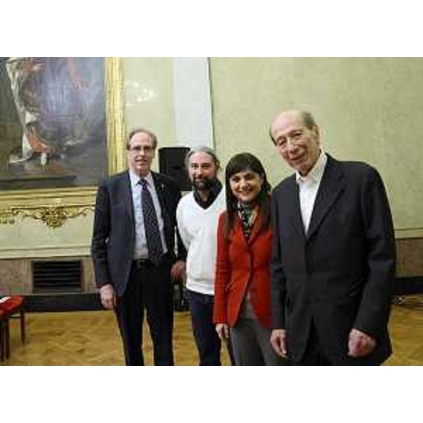 Gianni Torrenti (Assessore regionale Cultura), Mauro Caputo (Regista), Debora Serracchiani (Presidente Regione Friuli Venezia Giulia) e Giorgio Pressburger (Regista, scrittore, drammaturgo) alla prima del documentario "L'Orologio di Monaco", nel Salone Re e Regina della sede della Regione FVG in piazza Unità d'Italia - Trieste 27/02/2015
