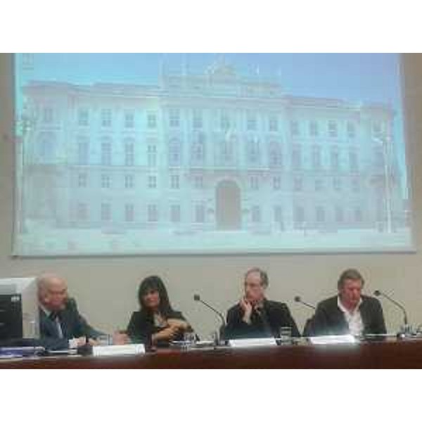 Andrea Sandron [Società Italiana Autori ed Editori (SIAE)], Cinzia Romagnolo (Direttore Agenzia Entrate FVG), Gianni Torrenti (Assessore regionale Sport) e Giorgio Brandolin (Presidente CONI FVG) - Trieste 23/03/2015