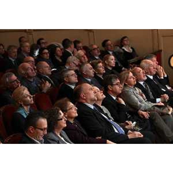 Francesca Adelaide Garufi (Prefetto Trieste), Roberto Cosolini (Sindaco Trieste), Maria Teresa Bassa Poropat (Presidente Provincia Trieste) e Francesco Peroni (Assessore regionale Finanze, Patrimonio, Coordinamento e Programmazione Politiche economiche e comunitarie) al convegno "Trieste città europea: la via per crescere", al Teatro Giuseppe Verdi - Trieste 28/03/2015