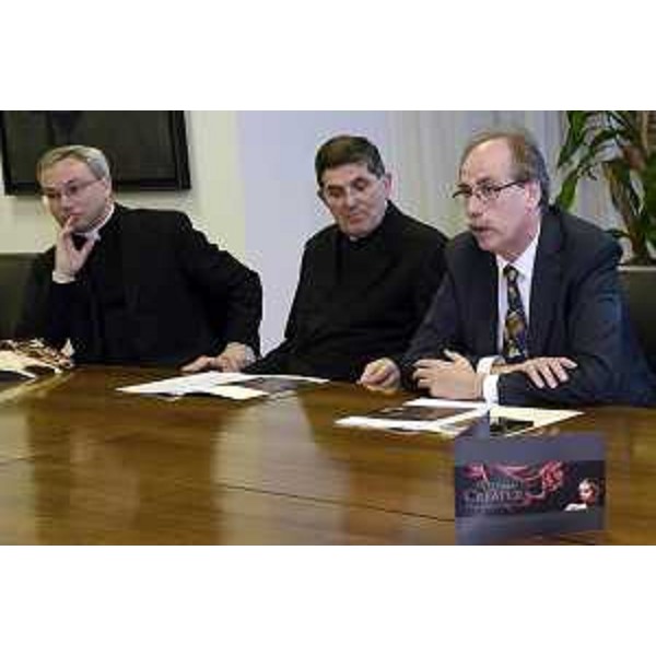 Alessio Geretti (Curatore mostra), Angelo Zanello (Presidente Comitato San Floriano) e Gianni Torrenti (Assessore regionale Cultura) alla presentazione della mostra "L'Ultima Creatura. L'idea divina del femminile" (Illegio, 17 maggio - 4 ottobre 2015) - Udine 14/05/2015