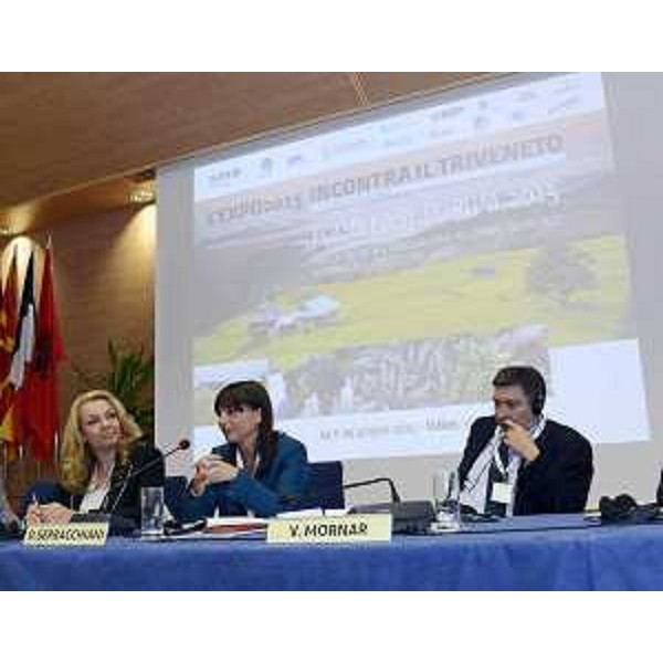 Debora Serracchiani (Presidente Regione Friuli Venezia Giulia), tra i ministri della Scienza Sanja Vlahovic (Montenegro) e Vedran Mornar (Croazia), al Food East Research and Innovation Forum 2015 - Udine 24/06/2015