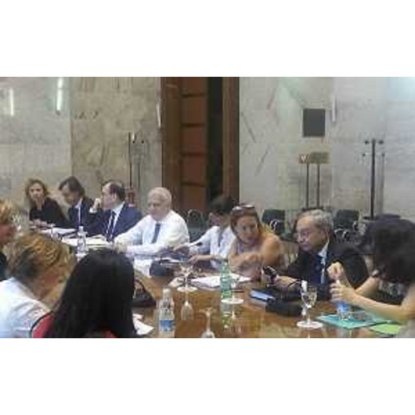 Giuseppe Bono (Amministratore delegato Fincantieri) al Tavolo riunito al Ministero dello Sviluppo Economico (MiSE) sul sequestro di quattro aree produttive della Fincantieri di Monfalcone, con i ministri Federica Guidi e Gian Luca Galletti (Sviluppo Economico e Ambiente), Claudio De Vincenti (Sottosegretario Presidenza Consiglio Ministri) e Debora Serracchiani (Presidente Regione Friuli Venezia Giulia) - Roma 01/07/2015
