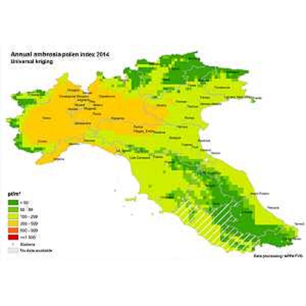 Diffusione di Ambrosia artemisiifolia nell'Italia Centrosettentrionale [Dato elaborato da ARPA FVG, tratto da ISPRA Annuario dei dati ambientali 2014-2015 (http://annuario.isprambiente.it/tematiche-primo-piano-2014-2015)]