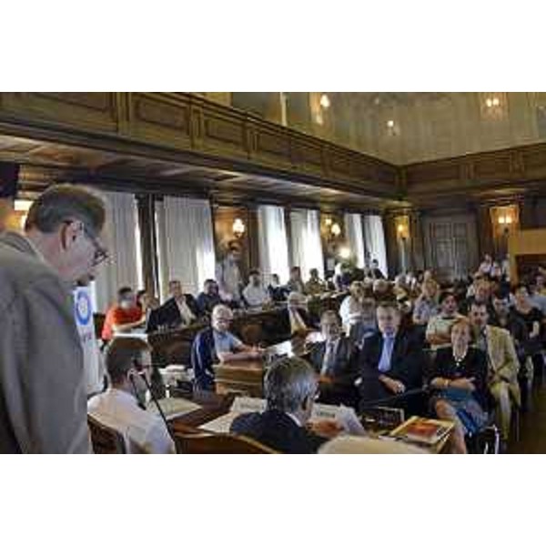 Gianni Torrenti (Assessore regionale Cultura) interviene all'evento conclusivo dei festeggiamenti per i 70 anni del quotidiano in lingua slovena Primorski Dnevnik, nella Sala del Consiglio comunale - Trieste 19/09/2015