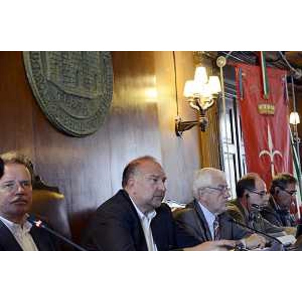 Roberto Cosolini (Sindaco Trieste), Bojan Brezigar (Presidente Società editrice Primorski dnevnik) e Gianni Torrenti (Assessore regionale Cultura) interviene all'evento conclusivo dei festeggiamenti per i 70 anni del quotidiano in lingua slovena Primorski Dnevnik, nella Sala del Consiglio comunale - Trieste 19/09/2015