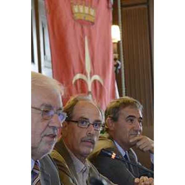 Bojan Brezigar (Presidente Società editrice Primorski dnevnik) e Gianni Torrenti (Assessore regionale Cultura) interviene all'evento conclusivo dei festeggiamenti per i 70 anni del quotidiano in lingua slovena Primorski Dnevnik, nella Sala del Consiglio comunale - Trieste 19/09/2015