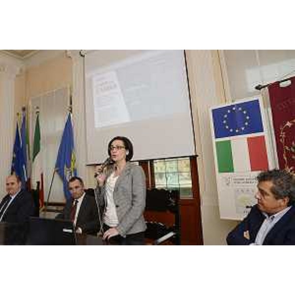 Vittorino Boem (Presidente IV Commissione consiliare), Luca Marchesi (Direttore generale ARPA FVG), Sara Vito (Assessore regionale Ambiente ed Energia) e Francesco Martines (Sindaco Palmanova) all'incontro "L'ARPA che cambia. Quali prospettive di sviluppo nel nuovo contesto normativo?" - Palmanova 25/11/2015