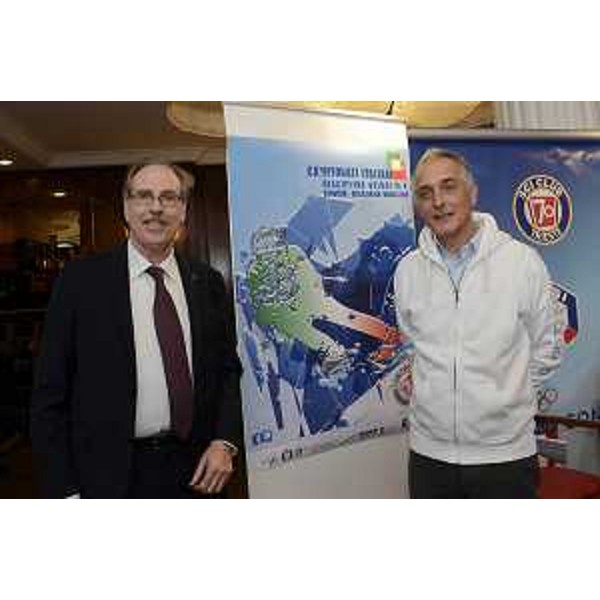 Gianni Torrenti (Assessore regionale Sport) e Roberto Andreassich (Presidente Sci Club 70) alla conferenza stampa di presentazione dei "Campionati italiani di Sci alpino -discipline veloci- Tarvisio e Sella Nevea 2016", al Caffè degli Specchi - Trieste 12/01/2016
