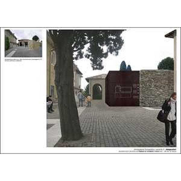 Simulazione fotografica del Progetto di riqualificazione del sito conosciuto come ex Stalla Violin sul lato Nord di piazza Capitolo ad Aquileia (Immagine Fondazione Aquileia)