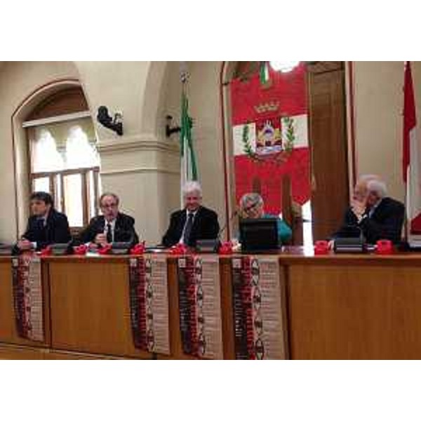 Gianni Torrenti (Assessore regionale Cultura) Claudio Pedrotti (Sindaco Pordenone), Annamaria Manfredelli (Curatrice Festival Dedica) e Gianfranco Verziagi (Presidente Thesis Associazione) alla presentazione del Festival "Dedica 2016" - Pordenone 10/02/2016