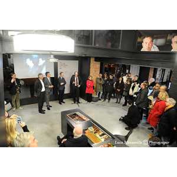 Pietro Paviotti (Consigliere regionale), Gianluigi Savino e Marco Cogato (Sindaco e assessore Cultura Comune Cervignano), Gianni Torrenti (Assessore regionale Cultura) e Francesca Agostinelli (Curatrice mostra) all'inaugurazione della mostra e del progetto "Zigaina e Pasolini: in scena" - Cervignano del Friuli 25/02/2016 (Foto Luca Mazzarella)