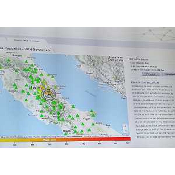 Epicentro del terremoto di stanotte in centro Italia. Immagine dal Centro operativo della Protezione civile del Friuli Venezia Giulia - Palmanova 24/08/2016