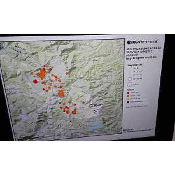 Epicentro del terremoto di stanotte in centro Italia. Immagine dal Centro operativo della Protezione civile del Friuli Venezia Giulia - Palmanova 24/08/2016
