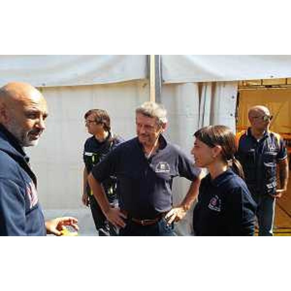 Sergio Pirozzi (Sindaco Amatrice), Luciano Sulli (Direttore Protezione civile FVG) e Debora Serracchiani (Presidente Regione FVG) al campo della Protezione civile del Friuli Venezia Giulia - Amatrice (Rieti) 31/08/2016