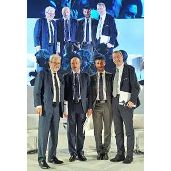 Claudio De Vincenti (Sottosegretario Presidenza Consiglio Ministri), Vincenzo Boccia (Presidente Confindustria), Matteo Tonon (Presidente Confindustria Udine) e Sergio Bolzonello (Vicepresidente Regione FVG e assessore Attività produttive, Turismo e Cooperazione) all'Assemblea generale di Confindustria Udine - Torreano di Martignacco 19/09/2016 (Foto Simone Ferraro / ag Petrussi Foto Press)