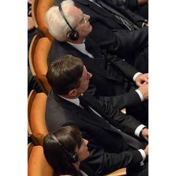 Debora Serracchiani (Presidente Regione Friuli Venezia Giulia), Borut Pahor (Presidente Repubblica Slovenia) e Sergio Mattarella (Presidente Repubblica Italiana) alla celebrazione ufficiale "L'Europa luogo di superamento dei conflitti", al Teatro Verdi - Gorizia 26/10/2016