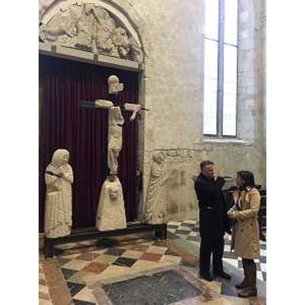 Fabio Di Bernardo (Sindaco Venzone) e Debora Serracchiani (Presidente Regione Friuli Venezia Giulia) alla cerimonia per il completamento del restauro delle statue dei dodici Apostoli, posizionate sul tetto del Duomo di Sant'Andrea prima del terremoto del 1976 - Venzone 05/11/2016