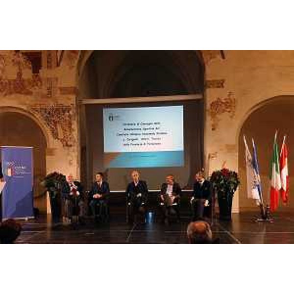 Giancarlo Caliman (Delegato provinciale CONI Pordenone), Alessandro Ciriani (Sindaco Pordenone), Giovanni Malagò (Presidente CONI), Giorgio Brandolin (Presidente CONI FVG) e Sergio Bolzonello (Vicepresidente Regione FVG) alla cerimonia di consegna delle Stelle al merito sportivo a società, dirigenti e atleti del Friuli Occidentale distintisi in Italia nel 2015 per la loro attività - Pordenone 29/11/2016