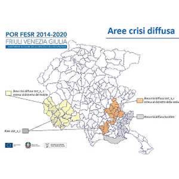 Mappa delle aree di crisi diffusa interessate dagli investimenti del POR FESR 2014-2020: Isontino, Distretto del Mobile e del Distretto della Sedia