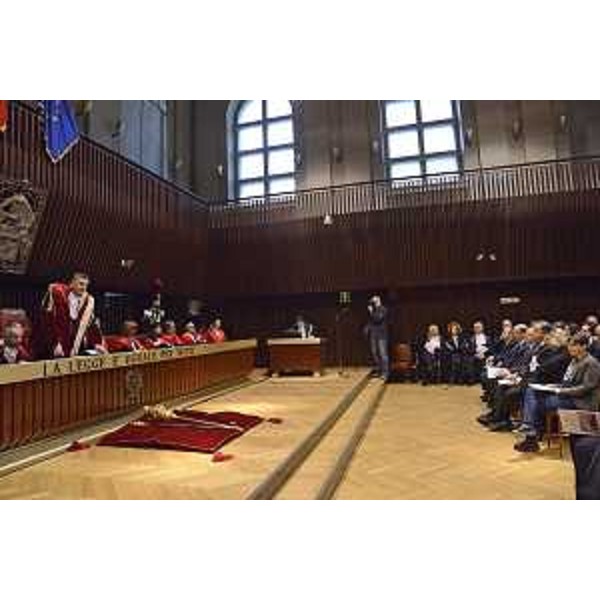 Oliviero Drigani (Presidente Corte d'Appello Trieste) alla cerimonia di apertura dell'Anno giudiziario; in platea Debora Serracchiani (Presidente Regione Friuli Venezia Giulia) - Trieste 28/01/2017