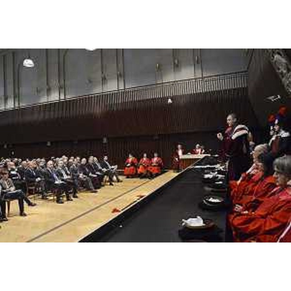 Oliviero Drigani (Presidente Corte d'Appello Trieste) alla cerimonia di apertura dell'Anno giudiziario; in platea Debora Serracchiani (Presidente Regione Friuli Venezia Giulia) - Trieste 28/01/2017