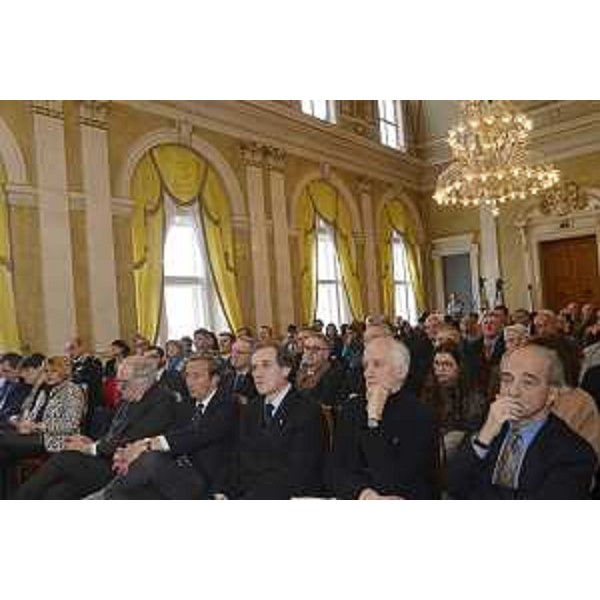 Gianfranco Fini (Ex ministro Affari esteri), Roberto Menia e Milos Budin (Ex sottosegretari di Stato) al convegno "Il Trattato di Pace, settant'anni dopo. Aspetti giuridici, politici e diplomatici di un diktat" - Trieste 10/02/2017