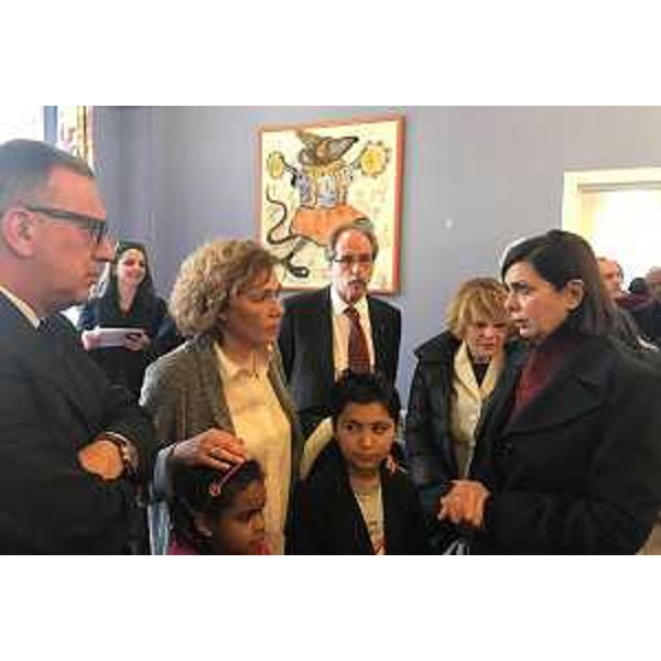 Giovanni Marzini (Segretario giuria Premio giornalistico Luchetta), Daniela Schifani-Corfini Luchetta (Presidente Fondazione Luchetta Ota D'Angelo Hrovatin), Gianni Torrenti (Assessore regionale Cultura, Sport e Solidarietà) e Laura Boldrini (Presidente Camera) nella sede della Fondazione Luchetta Ota D'Angelo Hrovatin - Trieste 17/02/2017
