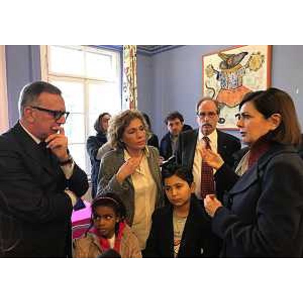 Giovanni Marzini (Segretario giuria Premio giornalistico Luchetta), Daniela Schifani-Corfini Luchetta (Presidente Fondazione Luchetta Ota D'Angelo Hrovatin), Gianni Torrenti (Assessore regionale Cultura, Sport e Solidarietà) e Laura Boldrini (Presidente Camera) nella sede della Fondazione Luchetta Ota D'Angelo Hrovatin - Trieste 17/02/2017