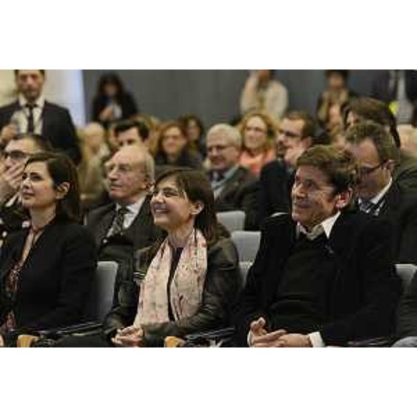 Laura Boldrini (Presidente Camera Deputati), Debora Serracchiani (Presidente Regione Friuli Venezia Giulia) e Gianni Morandi alla prima giornata dell'evento "Parole O_Stili", alla Stazione Marittima - Trieste 17/02/2017
