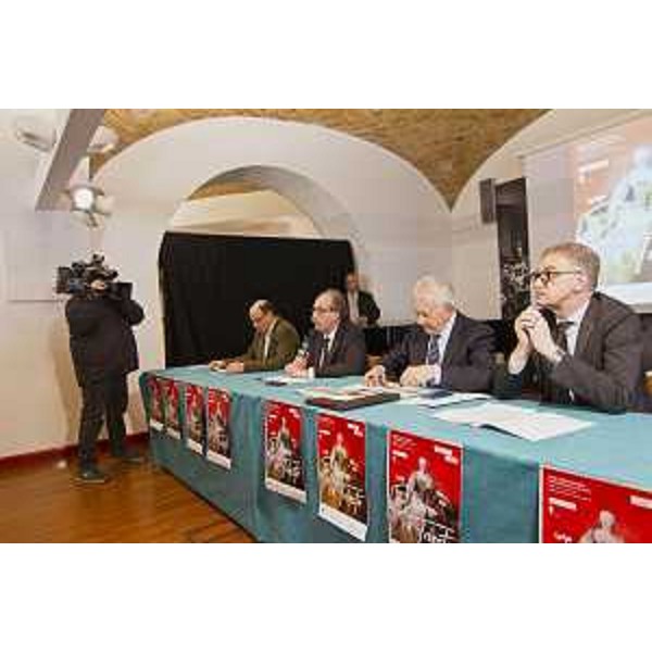 Luca Caburlotto (Direttore Soprintendenza Beni storici, artistici ed etnoantropologici / FVG), Gianni Torrenti (Assessore regionale Cultura), Giorgio Rossi (Assessore Cultura Comune Trieste) e Maurizio Fermeglia (Rettore Università Trieste) alla presentazione delle iniziative previste per celebrare il terzo centenario della nascita di Maria Teresa d'Austria, a Palazzo Gopcevich - Trieste 03/03/2017