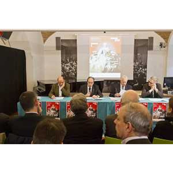 Luca Caburlotto (Direttore Soprintendenza Beni storici, artistici ed etnoantropologici / FVG), Gianni Torrenti (Assessore regionale Cultura), Giorgio Rossi (Assessore Cultura Comune Trieste) e Maurizio Fermeglia (Rettore Università Trieste) alla presentazione delle iniziative previste per celebrare il terzo centenario della nascita di Maria Teresa d'Austria, a Palazzo Gopcevich - Trieste 03/03/2017