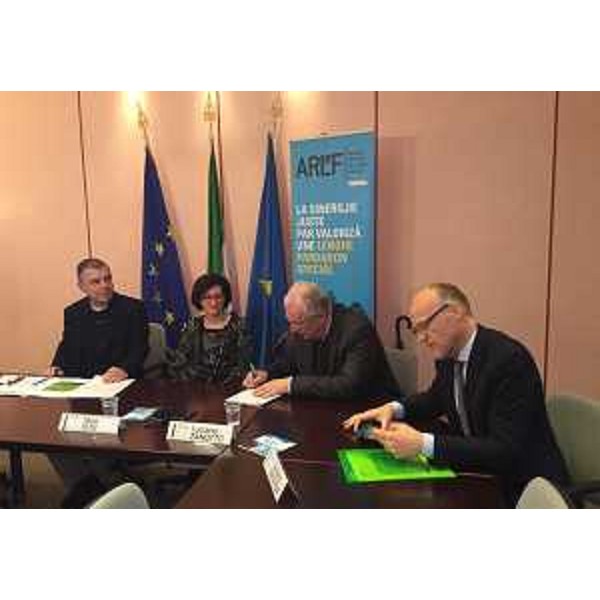 Lorenzo Fabbro (Presidente ARLeF), Sara Vito (Assessore regionale Ambiente ed Energia), Luciano Zanotto (Amministratore unico Isontina Ambiente) e Giuliano Sponton (Direttore generale Isontina Ambiente) - Gorizia 22/03/2017