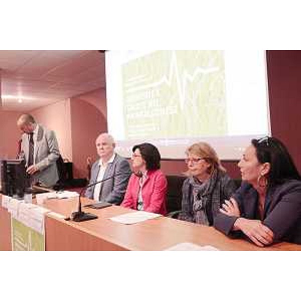 Luca Marchesi (Direttore generale ARPA), Riccardo Marchesan (Presidente UTI Carso Isonzo Adriatico), Sara Vito (Assessore regionale Ambiente ed Energia), Maria Sandra Telesca (Assessore regionale Salute, Integrazione socio-sanitaria, Politiche sociali e Famiglia) e Anna Maria Cisint (Sindaco Monfalcone) alla giornata di studi sulla correlazione tra ambiente e salute nel Monfalconese - Monfalcone 07/06/2017