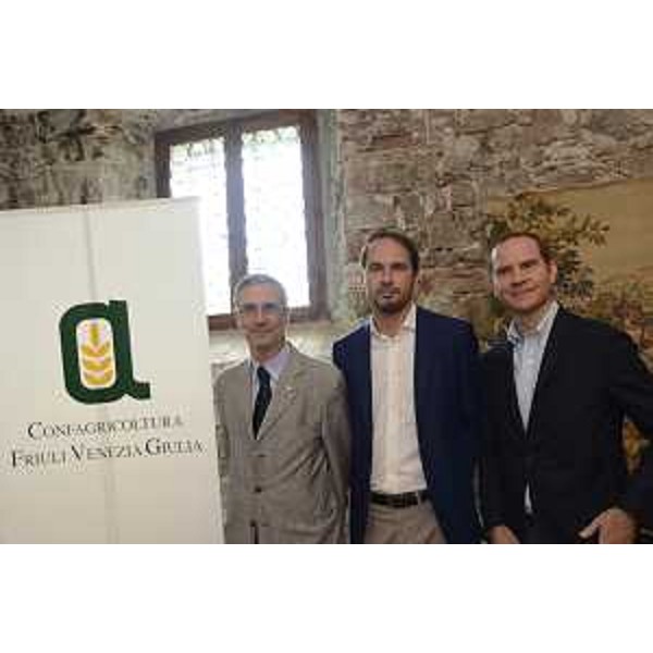 Claudio Cressati (Presidente Confagricoltura FVG), Cristiano Shaurli (Assessore regionale Risorse agricole e forestali) e Massimiliano Giansanti (Presidente nazionale Confagricoltura) all'Assemblea dei delegati di Confagricoltura FVG - Manzano 04/07/2017