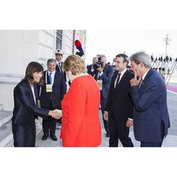 Debora Serracchiani (Presidente Regione Friuli Venezia Giulia) accoglie Angela Merkel (Cancelliera di Germania), Emmanuel Macron (Presidente Repubblica Francese) e Paolo Gentiloni (Presidente Consiglio Ministri) al Western Balkans Summit - Trieste 12/07/2017