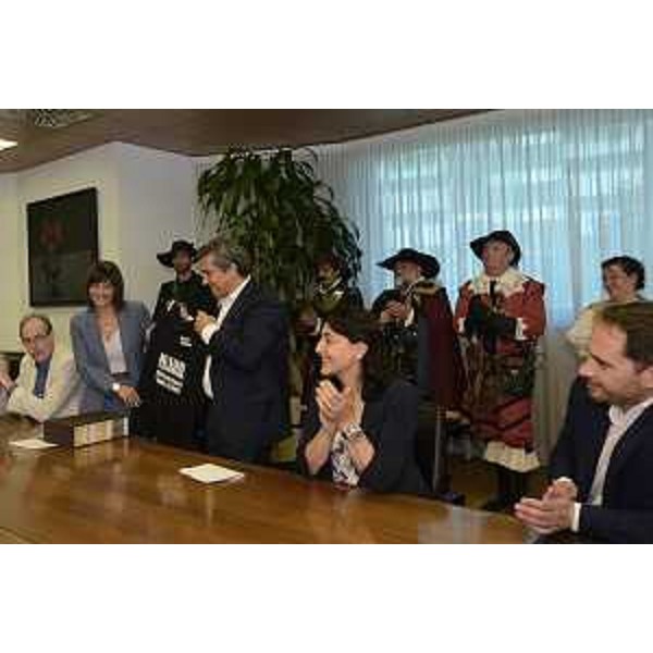 Gianni Torrenti (Assessore regionale Cultura, Sport e Solidarietà), Debora Serracchiani (Presidente Regione Friuli Venezia Giulia), Francesco Martines (Sindaco Palmanova), Mariagrazia Santoro (Assessore regionale Infrastrutture e Territorio) e Cristiano Shaurli (Assessore regionale Risorse agricole e forestali) in conferenza stampa sul Tavolo permanente del Patrimonio UNESCO del FVG - Udine 13/07/2017