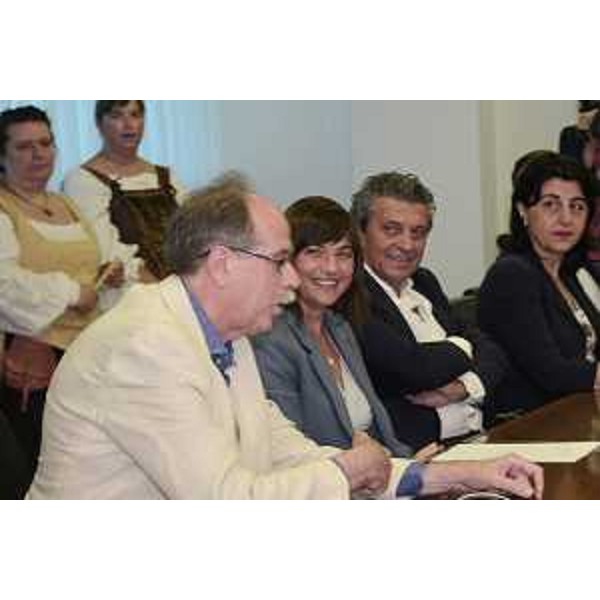Gianni Torrenti (Assessore regionale Cultura, Sport e Solidarietà), Debora Serracchiani (Presidente Regione Friuli Venezia Giulia), Francesco Martines (Sindaco Palmanova) e Mariagrazia Santoro (Assessore regionale Infrastrutture e Territorio) in conferenza stampa sul Tavolo permanente del Patrimonio UNESCO del FVG - Udine 13/07/2017