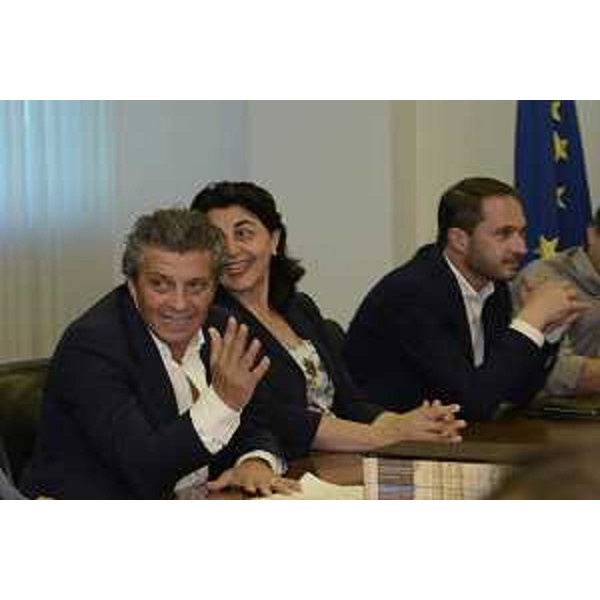 Francesco Martines (Sindaco Palmanova), Mariagrazia Santoro (Assessore regionale Infrastrutture e Territorio) e Cristiano Shaurli (Assessore regionale Risorse agricole e forestali) in conferenza stampa sul Tavolo permanente del Patrimonio UNESCO del FVG - Udine 13/07/2017
