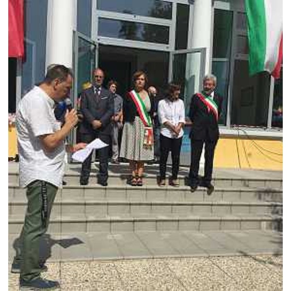 Massimo Turco (Comitato organizzatore mostra), Vittorio Zappalorto (Prefetto Udine), Monica Bertolini (Sindaco Campoformido), Debora Serracchiani (Presidente Regione Friuli Venezia Giulia) e Furio Honsell (Sindaco Udine) alla commemorazione per il centenario dello scoppio della polveriera di Sant'Osvaldo - Udine 27/08/2017