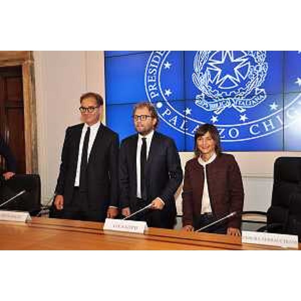 Mitja Gialuz (Presidente Società velica Barcola e Grignano), Luca Lotti (Ministro Sport), Debora Serracchiani (Presidente Regione Friuli Venezia Giulia) alla presentazione della quarantanovesima edizione della Barcolana - Roma 21/09/2017