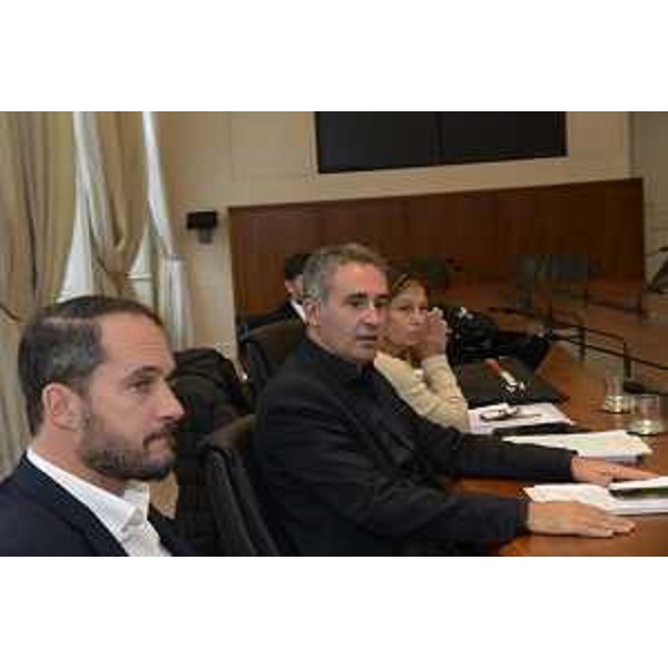 Cristiano Shaurli (Assessore regionale Risorse agricole e forestali) e Leonardo Di Gioia (Coordinatore Commissione) durante la riunione della Commissione Politiche agricole della Conferenza delle Regioni - Trieste 05/10/2017