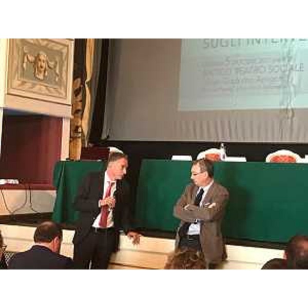Fabio Benedetti (Presidente Condifesa FVG) e Sergio Bolzonello (Vicepresidente Regione FVG e assessore Attività produttive, Turismo e Cooperazione) al convegno sulla gestione del rischio dell'impresa agricola - San Vito al Tagliamento 05/10/2017