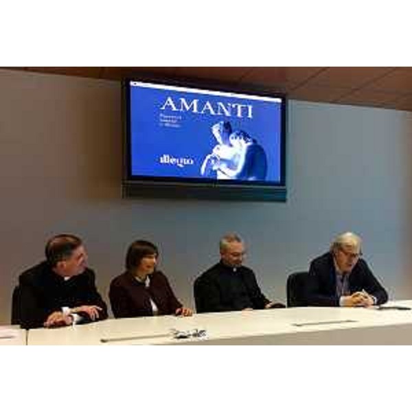Angelo Zanello (Presidente Comitato San Floriano), Debora Serracchiani (Presidente Regione Friuli Venezia Giulia), Alessio Geretti (Curatore mostra) e Vittorio Sgarbi (Critico d'arte) durante la presentazione dei dati e del bilancio della mostra "Amanti. Passioni umane e divine" - Udine 09/10/2017