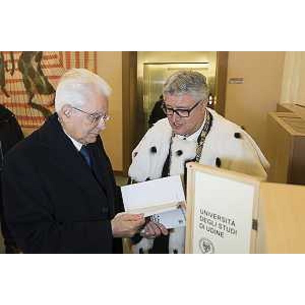 Sergio Mattarella (Presidente della Repubblica) e Alberto Felice De Toni (Rettore Università Udine) alla cerimonia di inaugurazione dell'Anno Accademico dell'Università di Udine - Udine 13/11/2017