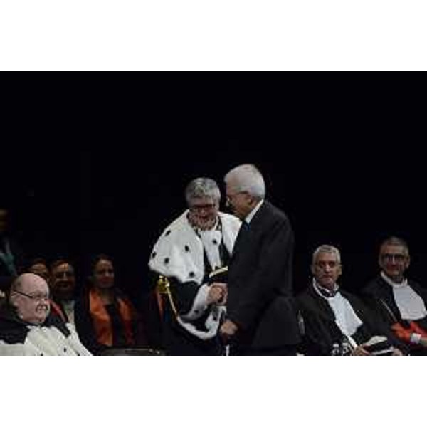 Sergio Mattarella (Presidente della Repubblica) con Alberto Felice De Toni (Rettore Università Udine) alla cerimonia di inaugurazione dell'Anno Accademico dell'Università di Udine - Udine 13/11/2017
