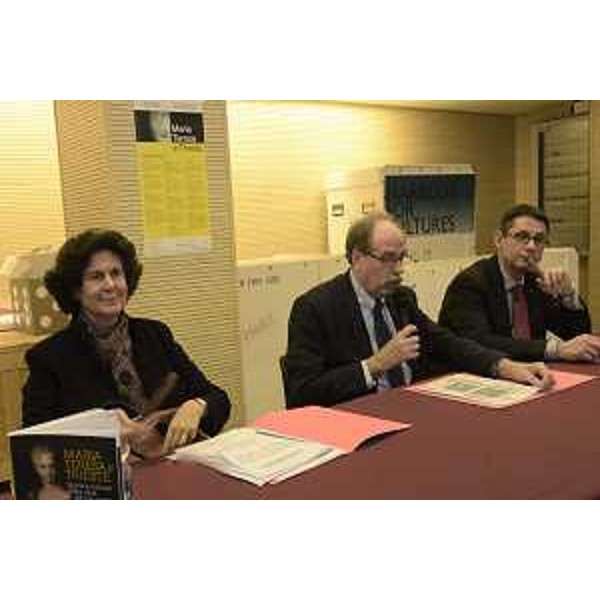 Ilaria Borletti Buitoni (Sottosegretario Beni e Attività culturali e Turismo), Gianni Torrenti (Assessore regionale Cultura, Sport e Solidarietà) e Massimiliano Lacota (Portavoce comitato promotore iniziativa) alla presentazione dell'opera dello scultore Giorgio Del Ben - Trieste 22/11/2017