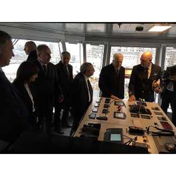 Debora Serracchiani (Presidente Regione Friuli Venezia Giulia), Giuseppe Bono (Amministratore delegato Fincantieri) e Sergio Mattarella (Presidente della Repubblica) sulla nave da crociera MSC Seaside - Monfalcone 29/11/2017