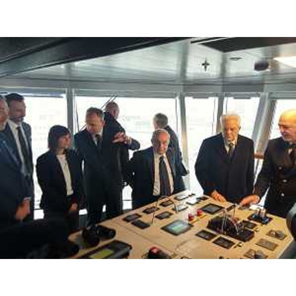Debora Serracchiani (Presidente Regione Friuli Venezia Giulia), Giuseppe Bono (Amministratore delegato Fincantieri) e Sergio Mattarella (Presidente della Repubblica) sulla nave da crociera MSC Seaside - Monfalcone 29/11/2017